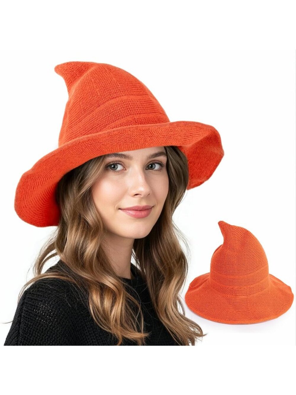 🎃Women's Orange Halloween Knit Witch Hat Chapeau Sorcière Femme Cosplay Costume